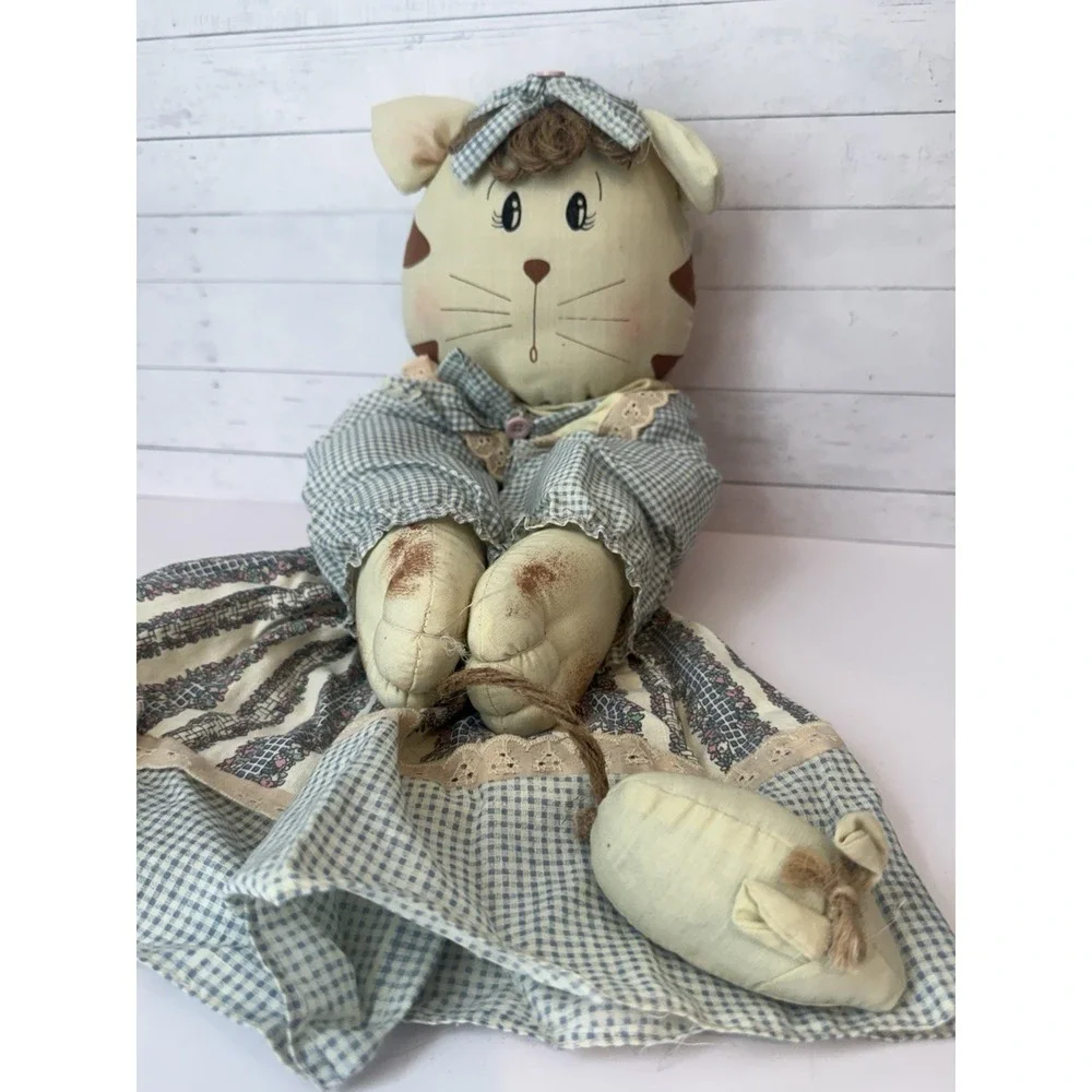 Handmade Country Cat Broom Cover / Broom Hider Cloth Doll – Blue Gingham – 19
